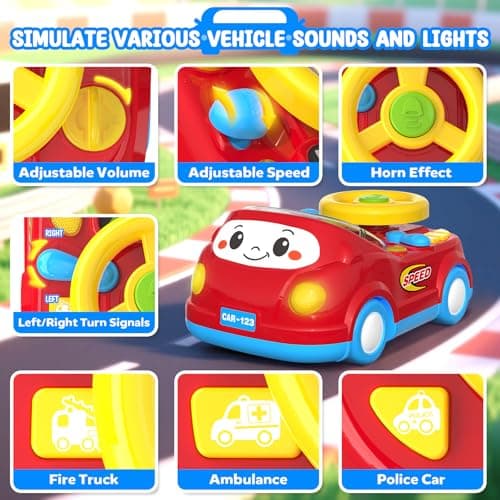 Toys for 1 Year Old Boy Gifts - 2-in-1 Toddler Push Car & Musical Racing Adventure Steering Wheel Driving Game, Interactive Simulated Driving Car for Baby 12-18 Months, Birthday Gift Ages 1-2, Red view 5