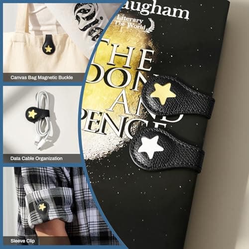 2Pcs Magnetic Leather Bookmarks with Gift Box, Magnetic Pen Holder Book Marks Clip Gift for Book Lover Readers Men Women Teachers Students, Star (Black+Black) view 6