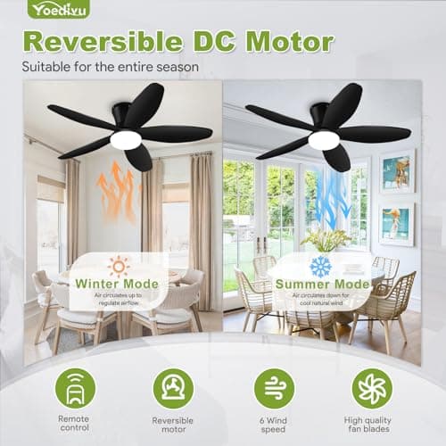 Yoedivu Ceiling Fans with Lights - 42 Inch Low Profile Flush Ceiling Fan with Light and Remote Control, Flush Mount, 6-Speed, 3CCT, Noiseless,Timer, Black Ceiling Fans for Bedroom Indoor/Outdoor Use view 5