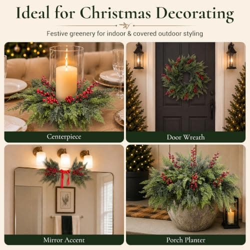 12 Artificial Christmas Cedar Branches, 17.5", with 3 Red Berry Picks | Real Touch Pine Stems with Red Berry Accents for Planters, Vases, Wreaths, Garlands, Mantels and Christmas Decor view 5