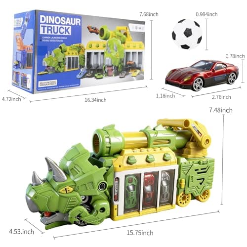 BYFWH Dinosaur Triceratops Truck Car Toy, Shooting Game with Storage Bay | Dinosaur Shooting Truck with Foldable Pod, 10 Mini Cars & 12 Soft Balls, Develops Kids Hand-eye Coordination view 4