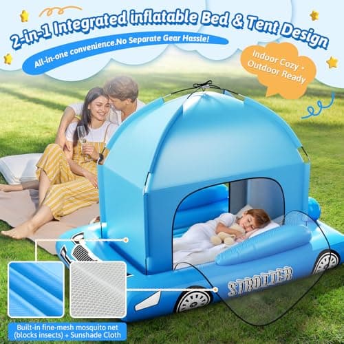 Inflatable Toddler Travel Bed with Tent – Foldable Portable Toddler Bed Cot - Blow Up Kids Air Mattress with Safety Bumper, Pump Carry Bag – Indoor Outdoor Nap Bed for Home, Camping, Hotel (Blue Car) view 4