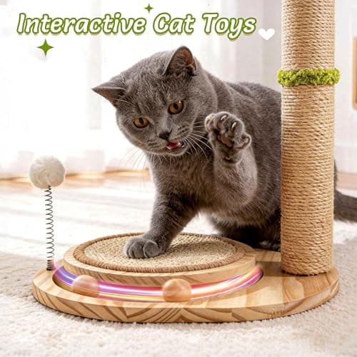 Catails 39" Tall Cat Scratching Post, Cute Olive Cat Scratcher, Interactive Cat Toys with Ball Track & Spring Ball, Sturdy Cat Scratch Post with Pad for Indoor Cats Adults and Kittens view 2
