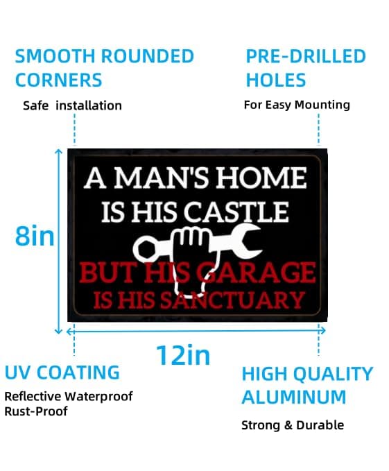 Carastora Men's Vintage Garage Decor, Funny Metal Tin Sign, Quote "A man's home is his castle, his garage his sanctuary", Rustic Style Den Home Bar Accessory, 12x8 Inch view 3
