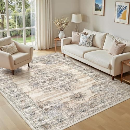 Jessibou 5x7 Washable Area Rug - Non Slip Vintage Indoor Large Rug for Living Room Bedroom, Machine Washable Stain Resistant Foldable Floor Mat for Office Nursery House Decor- Light Beige