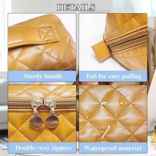 STOMKIRE Brown Soft Leather Small Makeup Bag for Purse Small Makeup Pouch Cute Cosmetic Bag Mini Travel Toiletry Bag Quilted Lay Flat Make up Bag for Women view 6