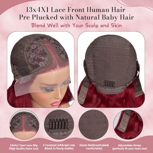 Alimoonbeam 28 Inch 99J Burgundy T Part Lace Front Wigs Human Hair Red Burgundy Wig Human Hair HD Body Wave Lace Front Wigs 181 Density Pre Plucked Lace Frontal Wigs for Women view 4