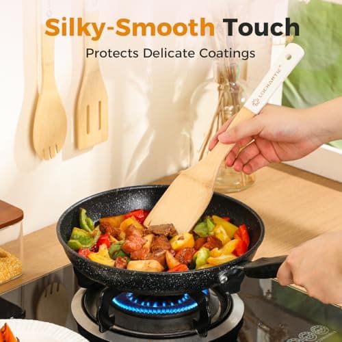 Wooden Spoons for Cooking Bamboo Utensils Set (6 Pieces) - Essential Tools Wooden Spatula & Spoons for Everyday Stirring, Mixing, Flipping & Serving, Gentle on Nonstick Cookware, White view 4