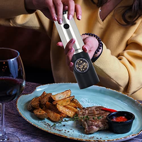 CAISIMIKI Electric Salt or Pepper Grinder Battery Operated, Automatic Salt and Pepper Mill Grinder Shakers with LED Light, Adjustable Coarseness, Include Brush and Spoon, Stainless Steel 1 PACK view 2