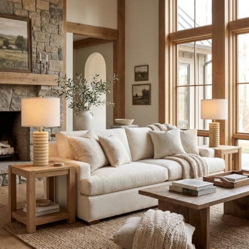PoKat 23'' Farmhouse Table Lamps Set of 2 for Bedroom, Stone-Like Ceramic | Bedside Lamps for Nightstand, Distressed Handcrafted Base, Antique Sand-Beige Color, Boho Lamps for Living Room Side Table view 3