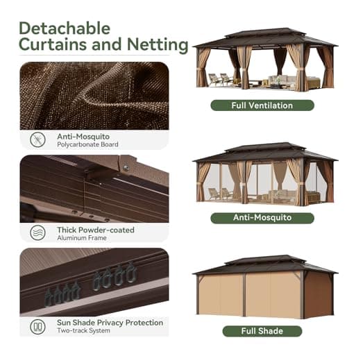 Aoxun 12'x20' Hardtop Gazebo, Aluminum Frame Permanent Pavilion with Curtains and Netting, Outdoor Polycarbonate Double Roof Canopy, Designed for Garden, Lawns, Patio view 6