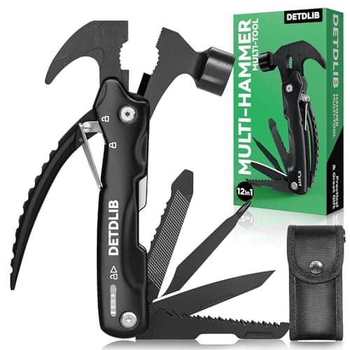 DETDLIB12-in-1 Multitool Hammer, Birthday Gifts for Men, Essential for Camping, Hiking, Cool Gadget, Gifts for Men. Women, Dad, Him, Husband, Father, Mechanic, Boyfriend, Black — image 1