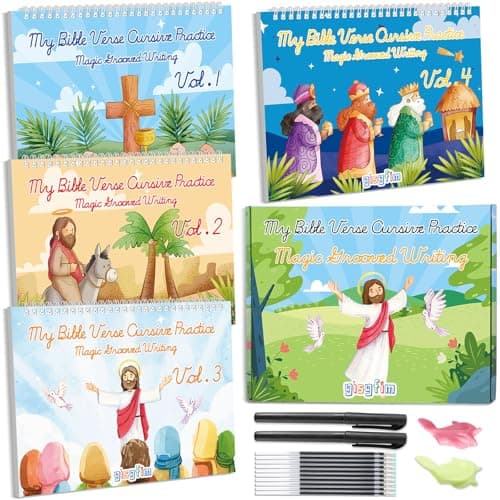 gisgfim Bible Magic Grooved Writing Practice Books for Kids Reusable Grooved Handwriting Workbooks for Kids Ages 3-8 Tracing Bible Magic Copybooks for Christian Sunday School Gifts Prizes（Cursive）