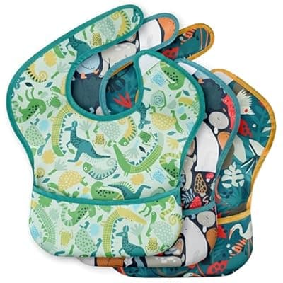 CIVARUA KIDS 3-Pack Waterproof Baby Bibs for Eating - Mess Proof Lightweight Toddler Feeding Bibs with Large Food Catcher, Food-Grade Baby Eating Essentials, Easy to Put On & Clean(Green Animals)