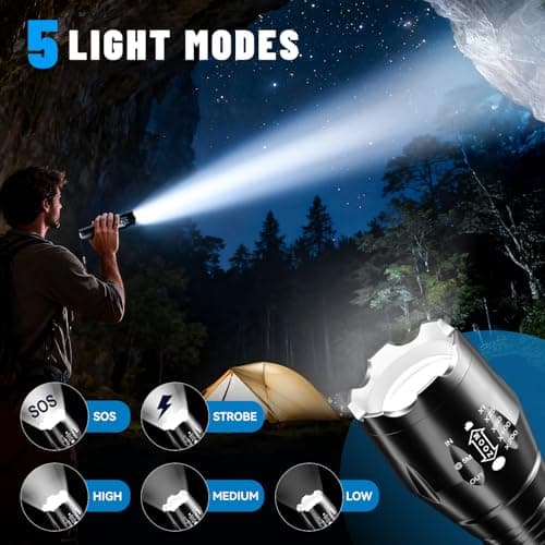 VIBELITE LED Flashlight High Lumens, 5 Modes Zoomable Waterproof Tactical Flashlight for Hiking, Camping Emergency, Cool Gadget Birthday Gifts for Men, Him, Teen Boys, Husband, Gifts for Dad, 2 Pack view 3