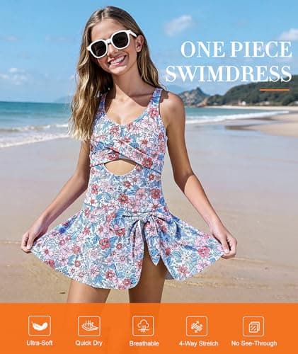 MFAVIP Girls One Piece Swimsuit Padded with Ruffle Skirt Girls Bathing Suit Adjustable Straps Teen Swimwear 9-16 view 2