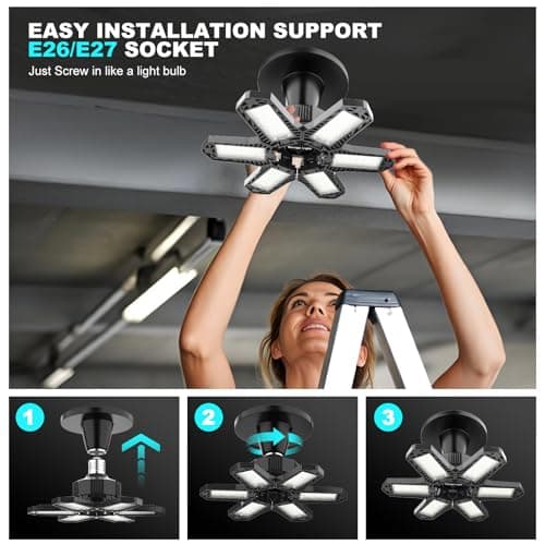 LUCORUSC Led Garage Lights Bulb 10 Pack 120W Super Bright Ceiling Led Shop Lights 6 Deformable Panels Screw in E26/E27 6500K 12000 LM Deformable Garage Light Ideal for Basement Attic and Workshop view 6