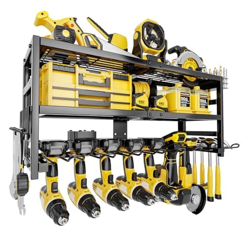 SEENWUUN Power Tool Organizer Wall Mount Heavy Duty 320 lbs, 3 Layers Storage Rack with 9 Drill Holders & Battery Storage, cordless tool organizer for Garage, Workshop & Tool Room