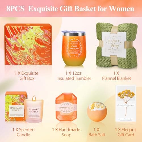 Birthday Gifts for Women, Mothers Day Gifts, Appreciation Gift Teacher & Nurse Get Well Soon Spa Retirement Gift Basket with Flannel Blanket for Mom, Grandma, Sister, Wife, Girlfriend, (orange) view 2
