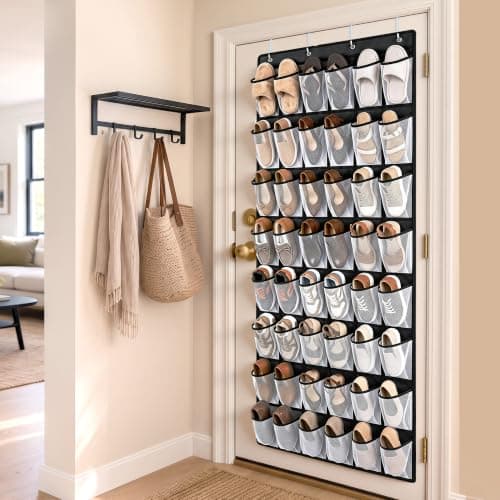 48 Pockets Over the Door Shoe Organizer, 1 Pack, 6-Column Heavy Duty Shoe Storage for Sneakers and Heels, Color Block Mesh Hanging Rack for Entryway or Bedroom, Black with White Accents view 2