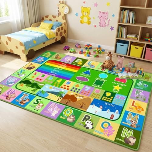 OGPJKEQR Kids Rug for Playroom Bedroom, 2.5x4 Feet Educational ABC Area Rug for Classroom Nursery, Non-Slip Alphabet Learning Carpet with Numbers Animals Seasons Fruits, Green Toddler Floor Mat view 4