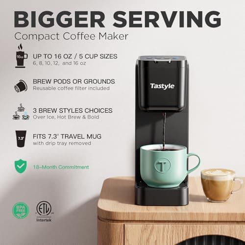 Tastyle Single Serve Coffee Maker for K Cup and Ground Coffee | Brew up to 16 Oz, Fits 7.3'' Travel Mug | Hot, Bold & Over Ice | Compact for Office, RV& Hotel, Classic Black (3.0 Version) view 3
