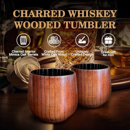 Charred Wooden Bourbon Drinking Glass, Bourbon Gifts for Men – 12 Oz Wooden Old Fashioned Glasses Set Whiskey Tumbler | Birthday Whiskey Gifts for Men, Dad or Brother Original Bourbon Tumbler (2 Pack) view 3