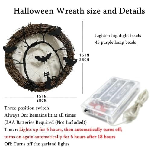 Halloween Wreaths for Front Door, 15 Inch Halloween Lighted Wreath with Bat and Cat Decor, 45 LED Purple Lights Battery Operated, Front Door Porch Wreath Decorations for Holiday Party view 2