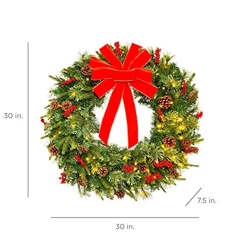 Best Choice Products 30in Pre-Lit Battery Powered Christmas Wreath Artificial Pre-Decorated Holiday Accent w/ 100 Lights, 276 PVC Tips, Ribbons, Pine Cones view 2