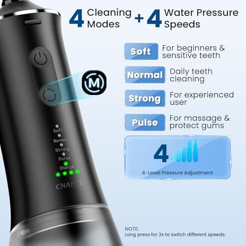 Cordless Water Flosser for Teeth: 4 Pressure Settings, 360° Clean with 4 U-Shaped Flossing Heads, IPX7 Waterproof, 30-Day Battery, Rechargeable Flosser for Braces Sensitive Gums (Black & Gray) view 3