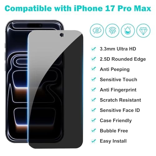 PEHAEL 3+3 Pack for iPhone 17 Pro Max Privacy Screen Protector with Camera Lens Protector Full Coverage Anti-Spy Tempered Glass Film 9H Hardness Easy Installation Bubble Free [6.9 inch] view 2