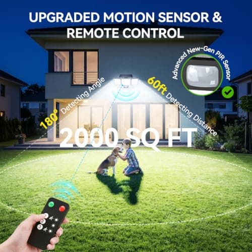 TuyLuxe Solar Flood Lights, 3500LM Motion Sensor Outdoor Lights with Remote | 180° Solar Motion Lights Outdoor,Convex Lens,Glass Panel,IP65 Waterproof Security Lights for Yard Patio Garage, 2 Pack Black view 4