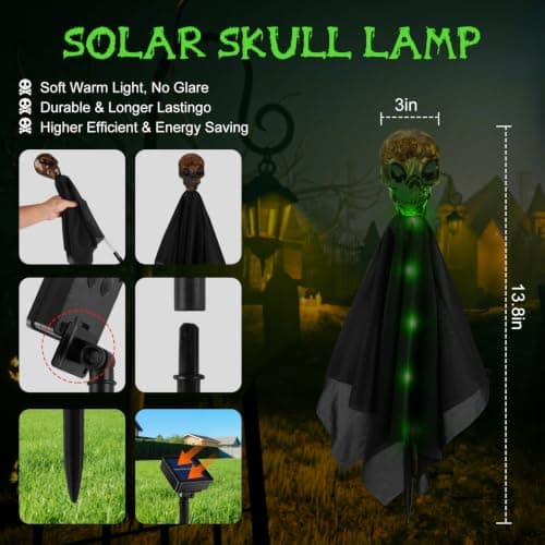 4 Pack Halloween Decorations Outdoor Solar Garden Lights, Solar Creepy Skull Path Lights, IP65 Waterproof 8 Modes Green Halloween Solar Lights Outdoor for Yard, Grave, House, Halloween Party view 2