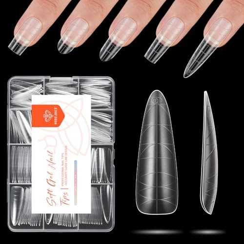 modelones Long Almond Guiding Line Nail Tips, Stiletto Soft Gel Tips Fake Nails False Acrylic Extensions Seamless Accurate Positioning Scale Line, Full Matte Professional Nail Salon 216PCS 12Sizes view 1