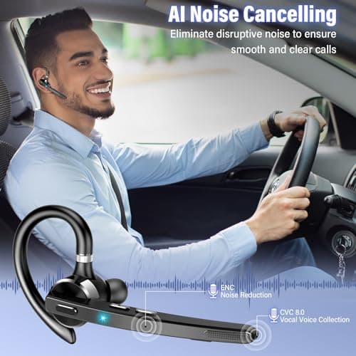 Bluetooth Headset, 90Hrs Bluetooth 5.3 Earpiece, APTX HD Audio, Mute Button | Single-Ear Headset with Dual Noise Cancelling Mics, Dual Device Connection, Hands Free Headphone for Trucker/Business/Grey view 2
