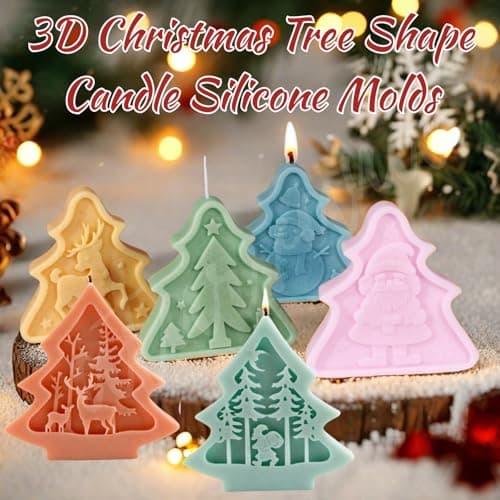 6pcs Christmas Tree Shaped Silicone Mold Set, Atarvana Relief Style Christmas Molds with 10pcs Candle Wick for Soap Candle Making -Christmas Trees, Santa Claus, Reindeer, Snowman view 3