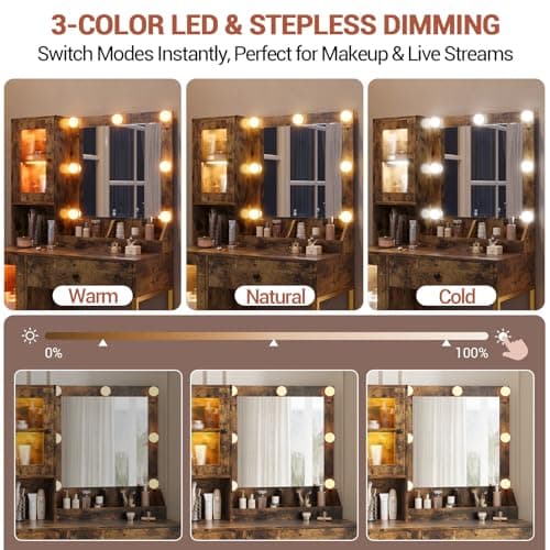 Garvee Vanity Desk with Mirror & Lights – Adjustable RGB & White Lighting – 2 Acrylic-Door Cabinets, 2 Open Shelves, Drawers, Built-in Power Outlet & USB Ports – Makeup Vanity Table for Bedroom view 5