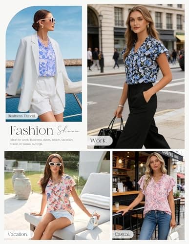 GRACE KARIN Womens Boho Tops Dressy Casual Ruffle Blouses Blue Black L | Flutter Sleeve Floral Shirts, V Neck Summer Fashion Clothes, Business Work Tops view 2