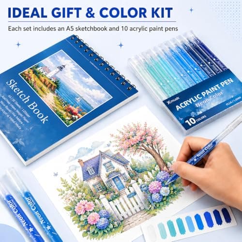 Acrylic Gel Pens for Coloring, 10 Blue Gel Pens with A5 Sketchbook view 5
