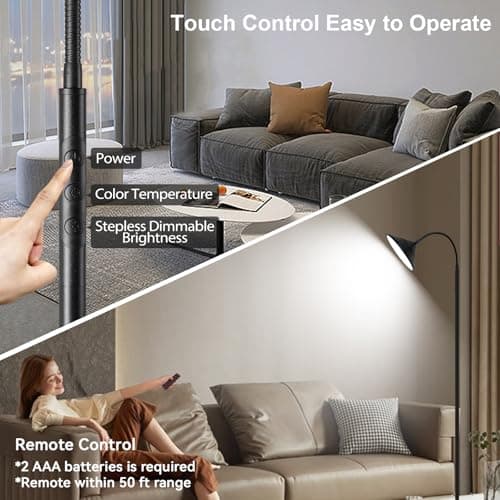 mukuxin 76" LED Floor Lamp, 18W/1800LM Super Bright Reading Standing Lamp,Stepless Dimmable&Adjustable Color Temperature 2700K-6500K w/Remote& Touch Control Lamps for Living Room Bedroom Office Black view 5