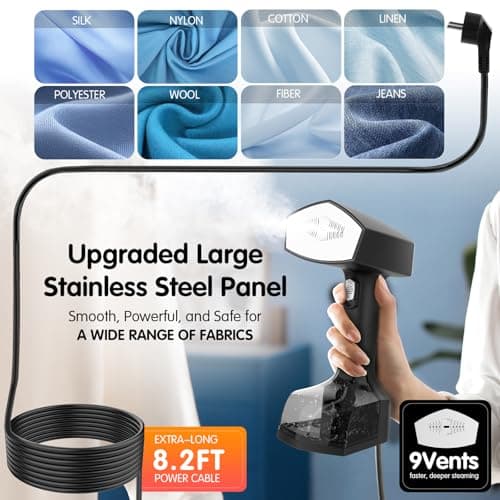 2000W Powerful Handheld Steamer for Clothes, 10-Second Heat-Up, 40g/min Steaming, 350ml Tank, 3 Adjustable Settings & Leak-Proof Design, Portable Garment Steamer for Travel and Home Use view 6