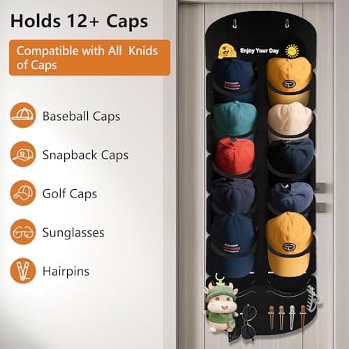 ViKiulen Hat Organizer for Baseball Caps, Over The Door Cap Organizer Cap Hat Holder with 12 Deep Clear Pockets, Hat Storage to Protect and Display with 2 Hook view 3