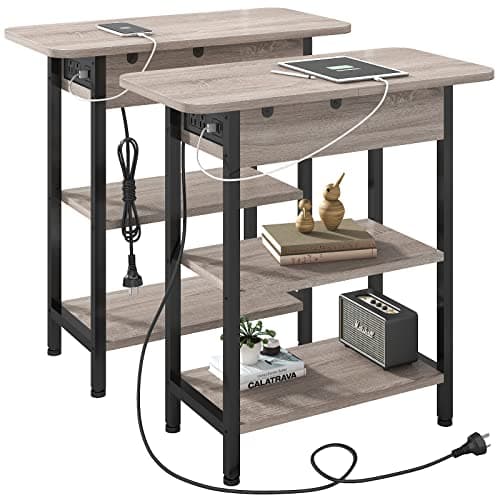 LIDYUK End Table with Charging Station, Set of 2 Flip Top Narrow Side Table for Small Spaces, Nightstands Set of 2 for Bedroom, End Tables Living Room with Storage Shelves, Greige