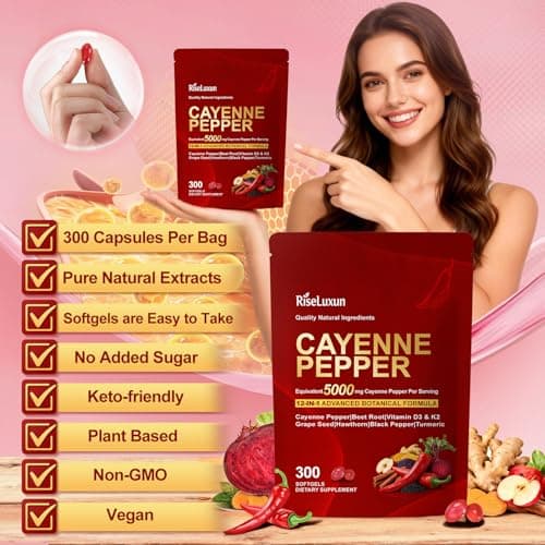 RiseLuxun 12-in-1 Cayenne Pepper Capsules Supplement*, 5000mg Per Serving Containing | Vitamin D3 K2+E & Extracts of Grape Seed, Hawthorn, Beetroot, Berberine Other Extracts view 4
