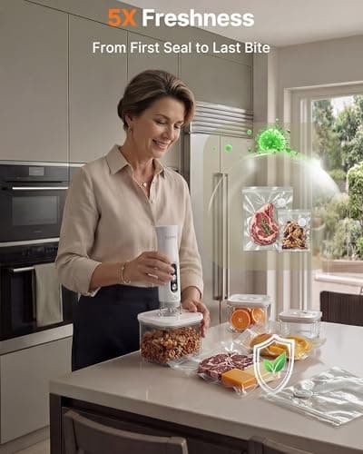 FEPPO Compact Vacuum Sealer for Food (Vacuum Sealer Machine + 3 Containers + 10 Reusable Bags), Anti-Overflow Powerful Portable Handheld Food Sealer, Auto & Manual Modes, Travel Lock, Easy-Clean view 3