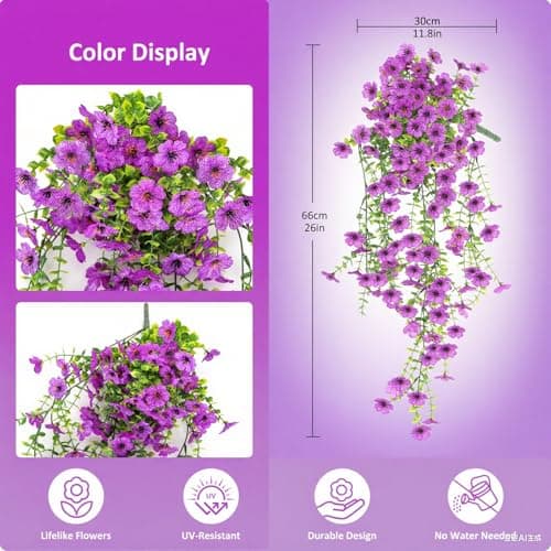 Meitrio Artificial Fake Flowers Plants for Outdoors, 2 PCS UV Resistant Faux Silk Daisy with Eucalyptus Leaves Hanging Flowers for Home Garden Balcony Yard Porch Decor(Purple) view 2
