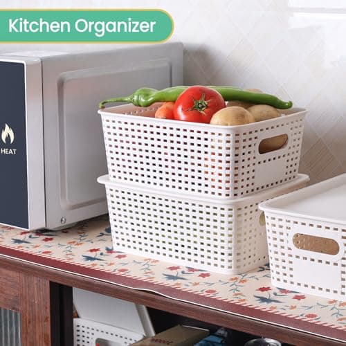 Plastic Storage Baskets with Lid-Plastic Storage Containers Stackable Storage bins: Storage Baskets for Organizing Shelves Drawers Desktop Closet Playroom Classroom Office,8 Pack-White10.2x7.2x4.1Inch view 5