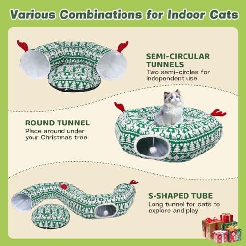 Petrendy Cat Tunnel Bed, Cute Cat Tunnels for Indoor Cats with Washable Mat, Hanging Ball, Collapsible Play Tunnel, Pet Donut Tube Bed Cave, Xmas Party Decor for Kitten, Rabbit, Puppy Gifts view 2