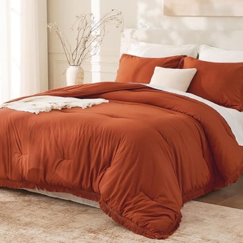 Andency King Size Comforter Set Burnt Orange, 3 Pieces Boho Terracotta Soft Lightweight Bedding Comforter Sets, Rust Tassel All Season Bed Set (104x90In Comforter & 2 Pillowcases) view 1