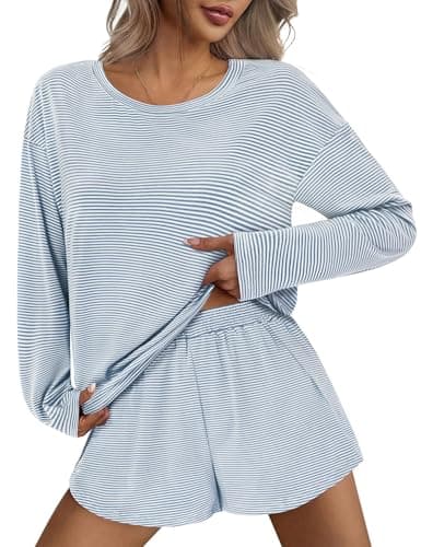 JUSTFASHIONNOW Womens Pajama Sets Striped Two Piece Lounge Sets Long Sleeve Top and Split Shorts Print Sleepwear Comfy Pjs view 2